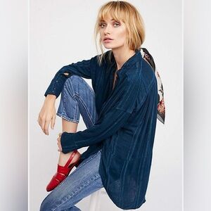 Free People Oversized Boho Tunic Top XS Teal Longline Flowing